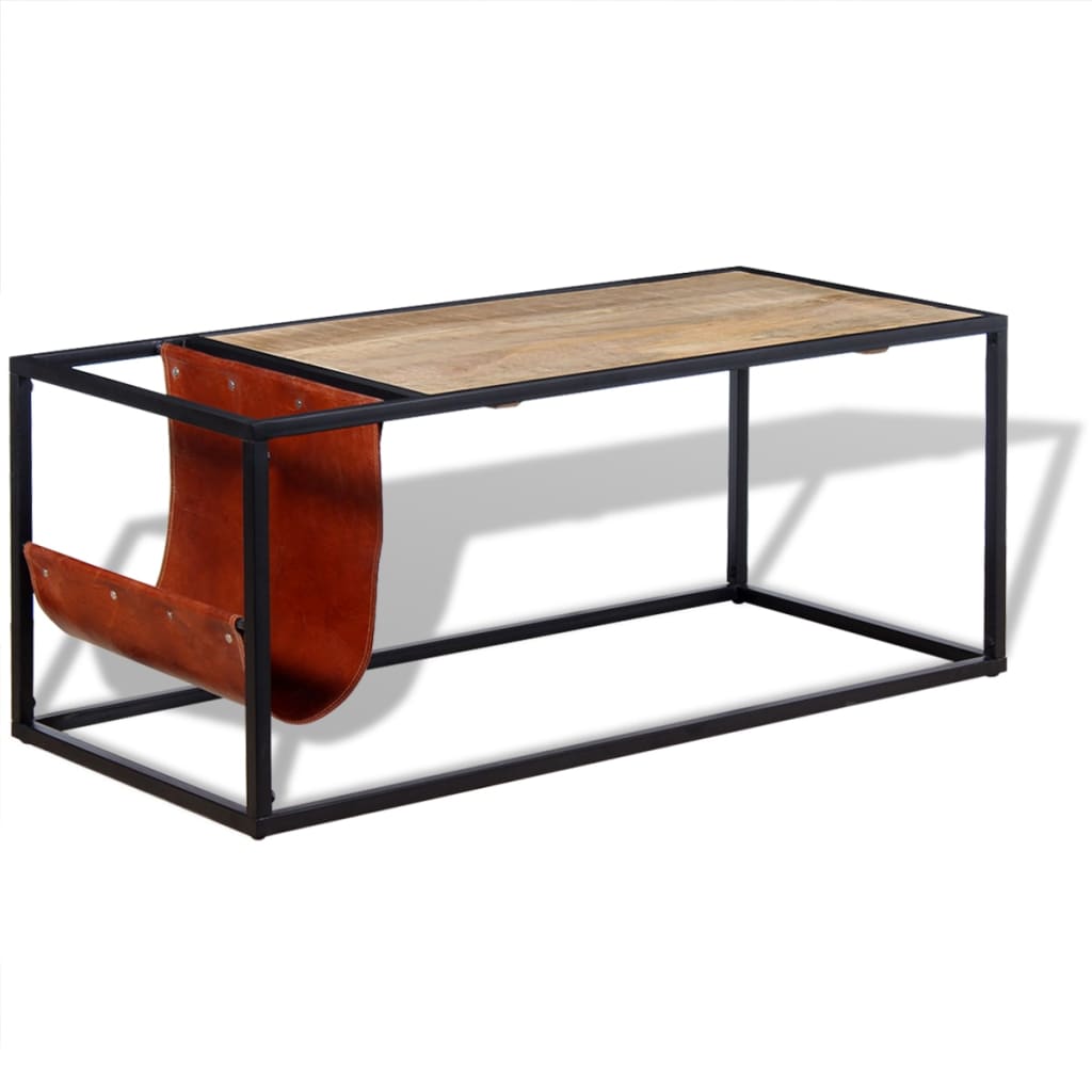 Coffee Table with Genuine Leather Magazine Holder 110x50x45 cm - OLBRIT