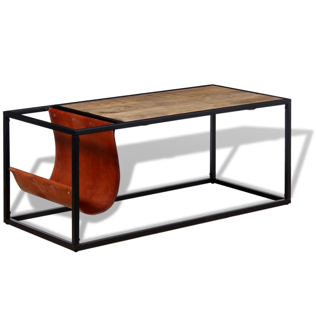 Coffee Table with Genuine Leather Magazine Holder 110x50x45 cm - OLBRIT