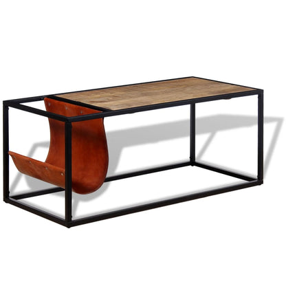 Coffee Table with Genuine Leather Magazine Holder 110x50x45 cm - OLBRIT
