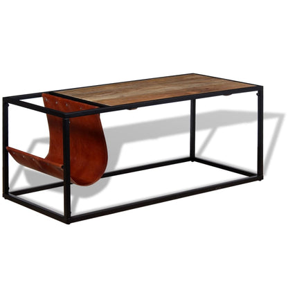 Coffee Table with Genuine Leather Magazine Holder 110x50x45 cm - OLBRIT
