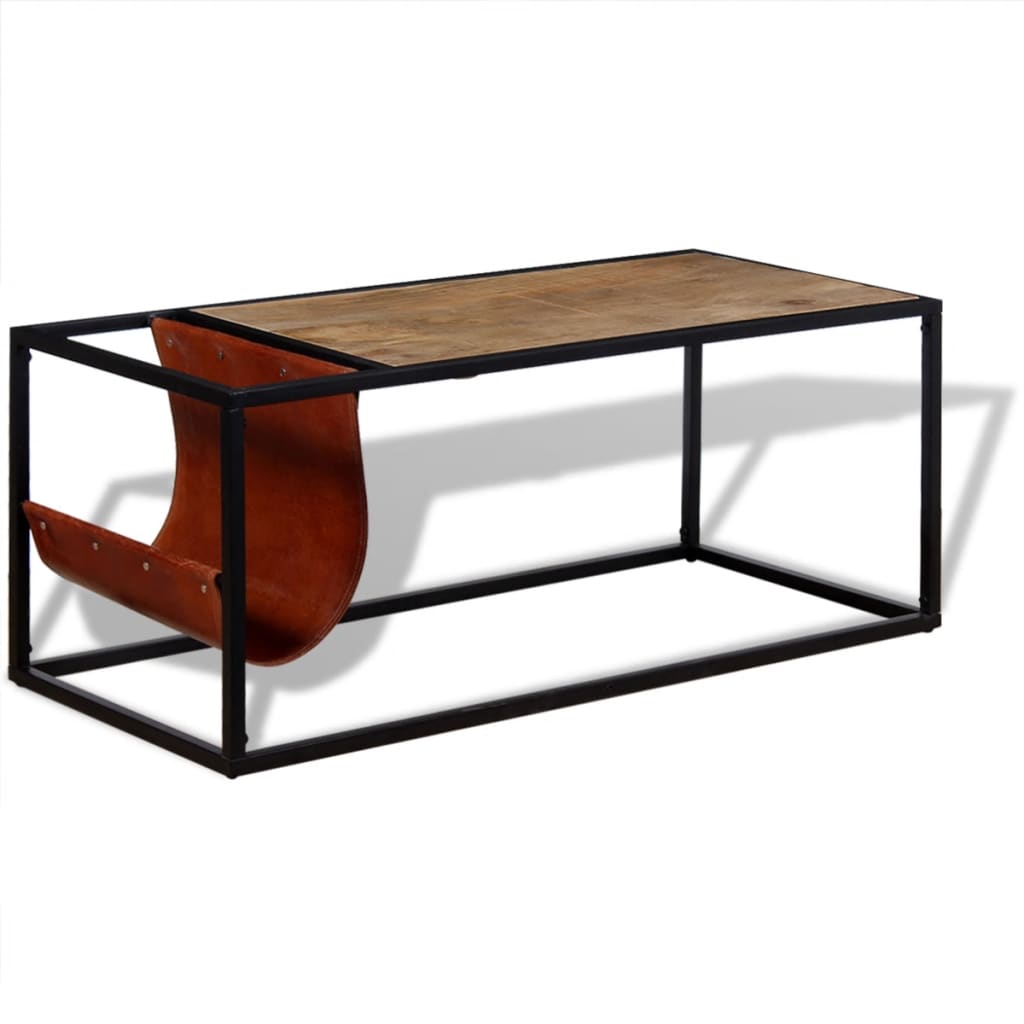Coffee Table with Genuine Leather Magazine Holder 110x50x45 cm - OLBRIT