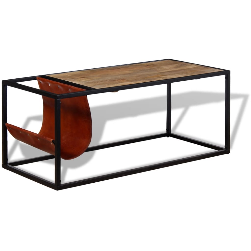 Coffee Table with Genuine Leather Magazine Holder 110x50x45 cm - OLBRIT