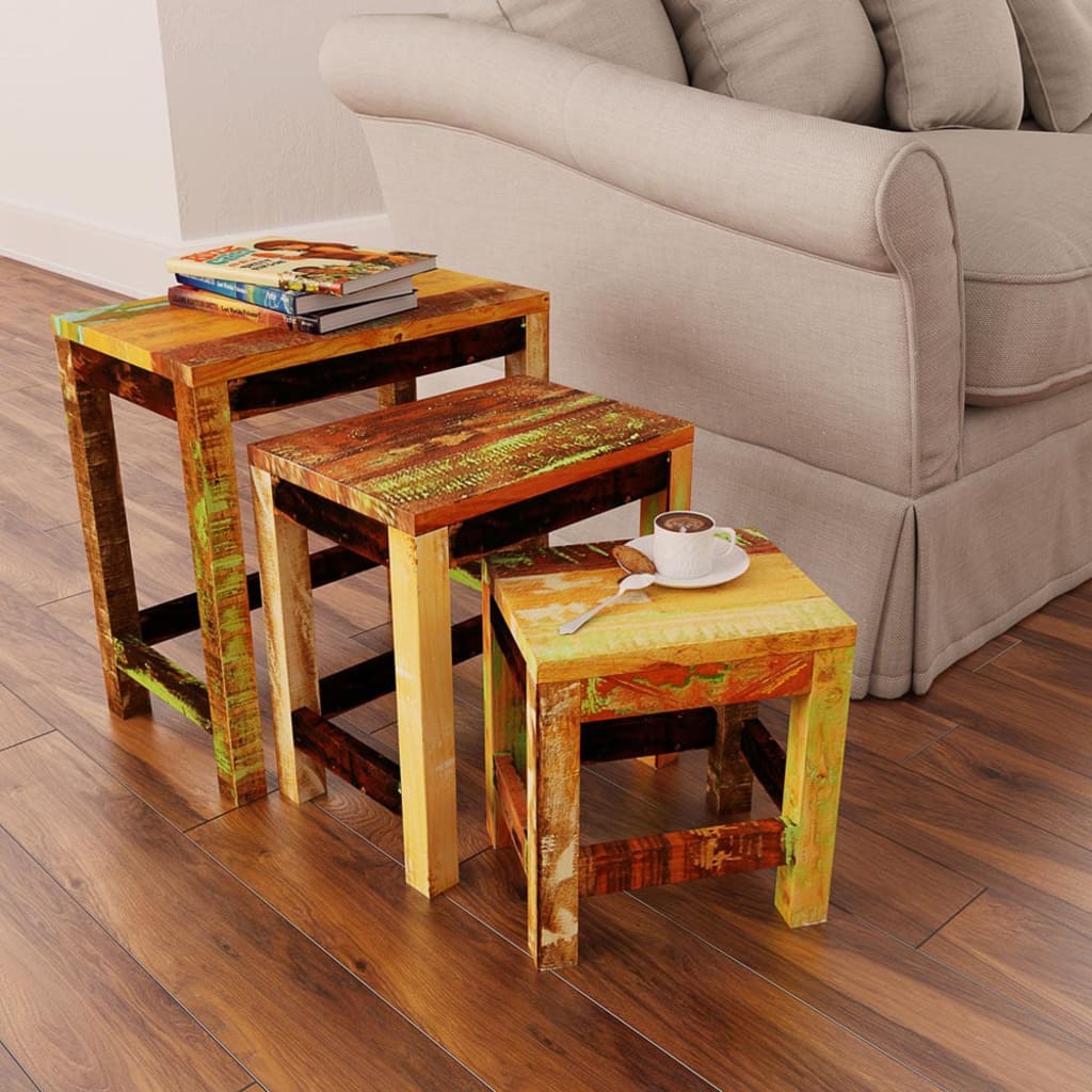 Nesting Table Set 3 Pieces Vintage Reclaimed Wood - OLBRIT