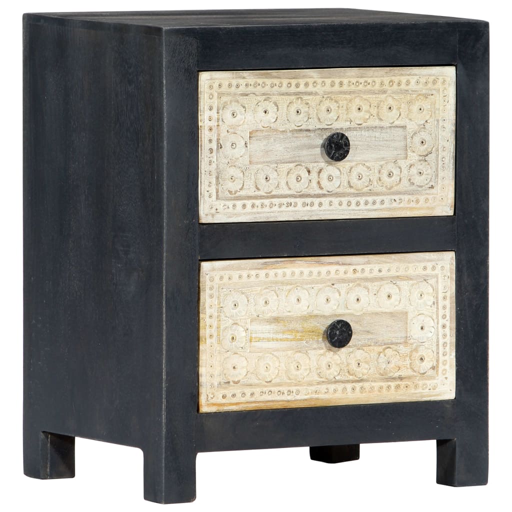 Hand Carved Bedside Cabinet Grey 40x30x50 cm Solid Mango Wood - OLBRIT