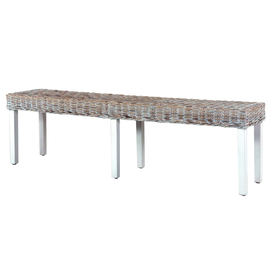 Bench 160 cm White Natural Kubu Rattan and Solid Mango Wood - OLBRIT