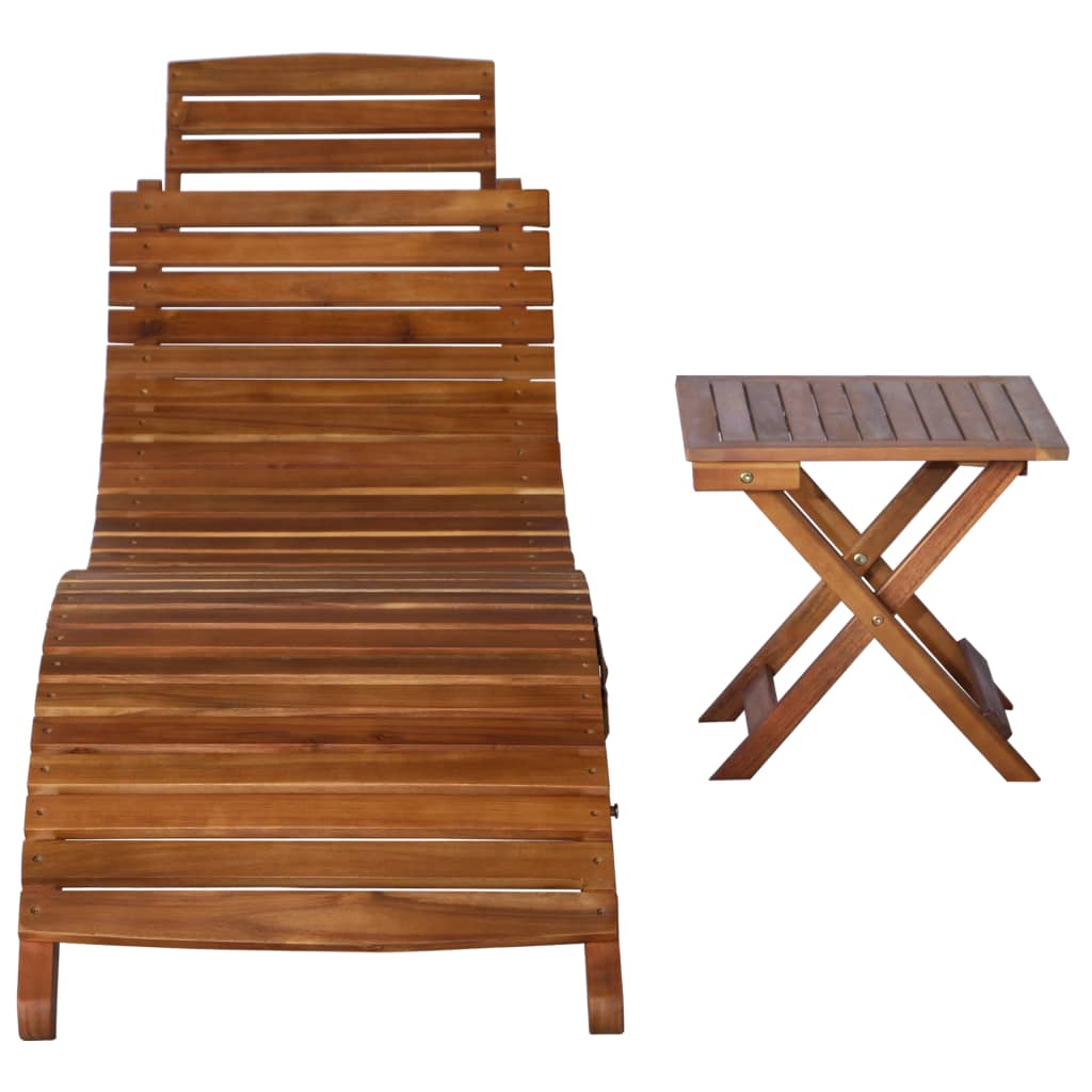 Sunlounger with Table Solid Acacia Wood Brown - OLBRIT