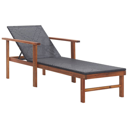 Sun Lounger Poly Rattan and Solid Acacia Wood Black - OLBRIT