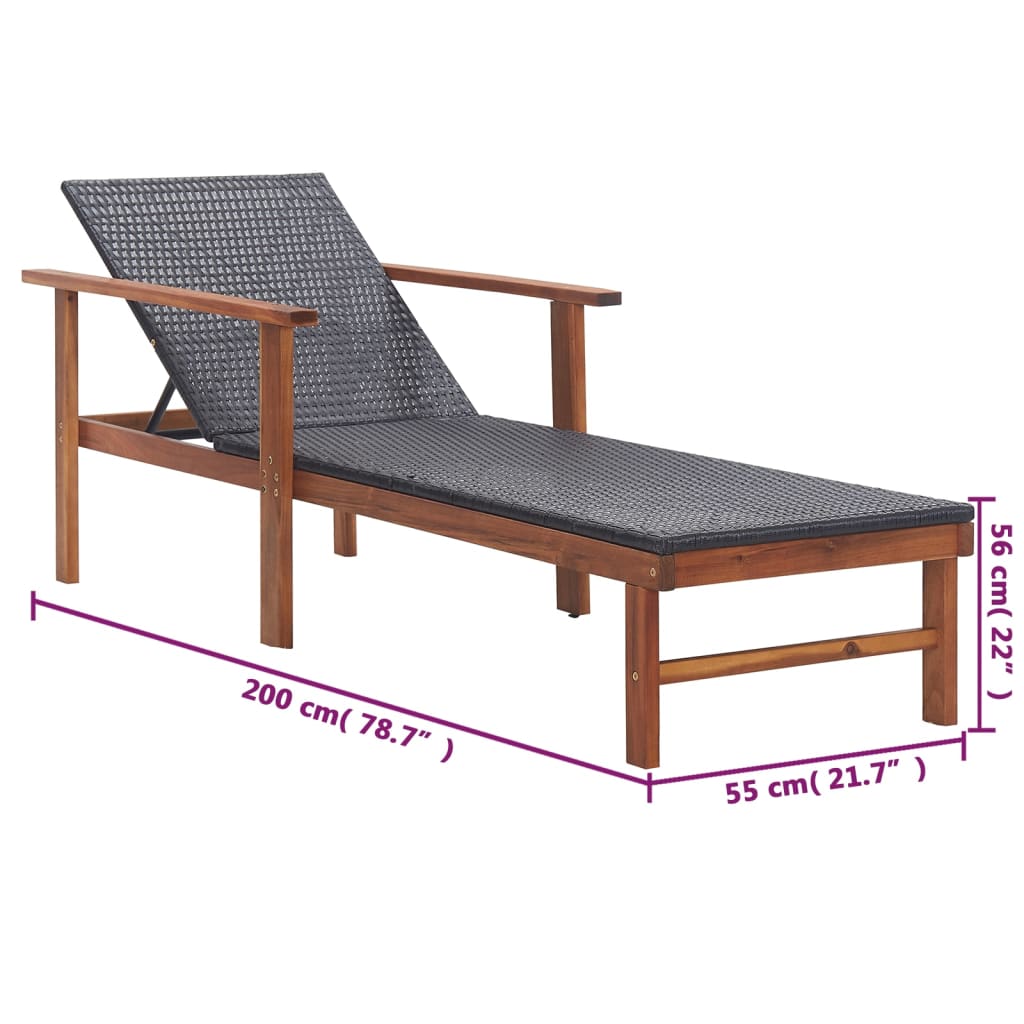 Sun Lounger Poly Rattan and Solid Acacia Wood Black - OLBRIT