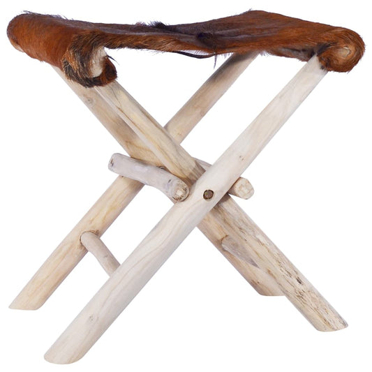 Folding Stool Real Leather and Solid Teak Wood - OLBRIT