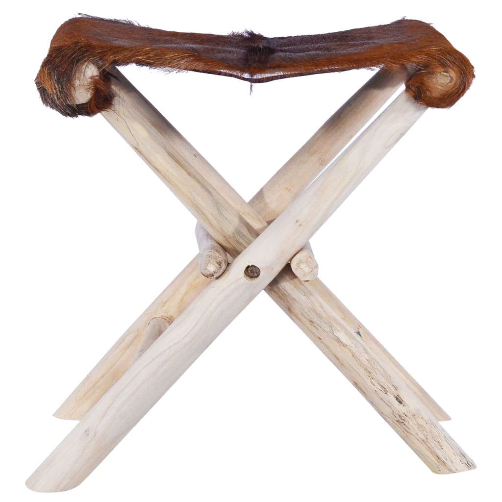 Folding Stool Real Leather and Solid Teak Wood OLBRIT