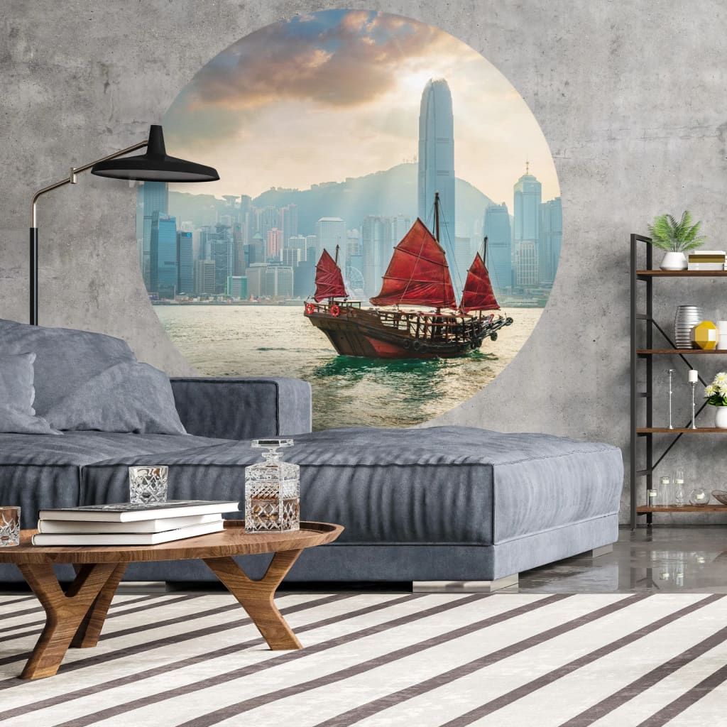 Skyline with Junk Boat Wallpaper Circle 190 cm - OLBRIT