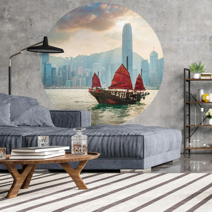 Skyline with Junk Boat Wallpaper Circle 190 cm - OLBRIT