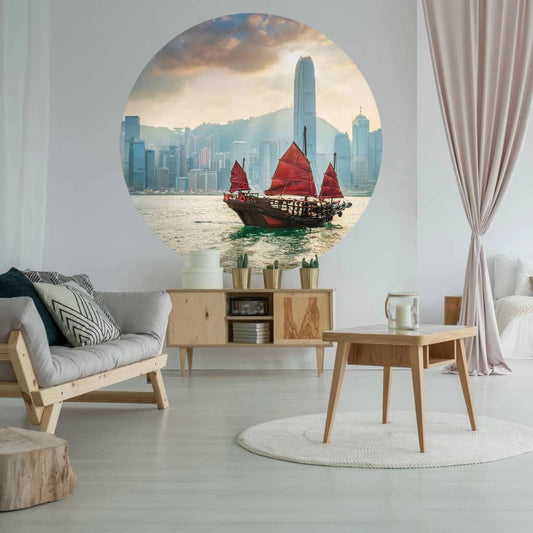 Skyline with Junk Boat Wallpaper Circle 190 cm - OLBRIT