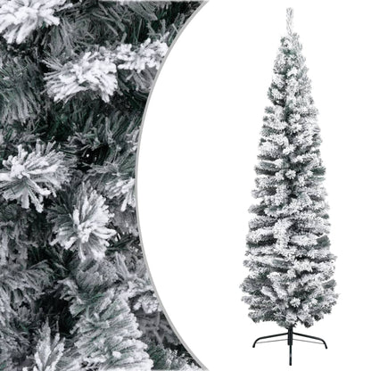 Slim Artificial Christmas Tree with Flocked Snow Green 180 cm PVC - OLBRIT