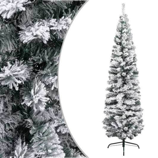 Slim Artificial Christmas Tree with Flocked Snow Green 180 cm PVC - OLBRIT