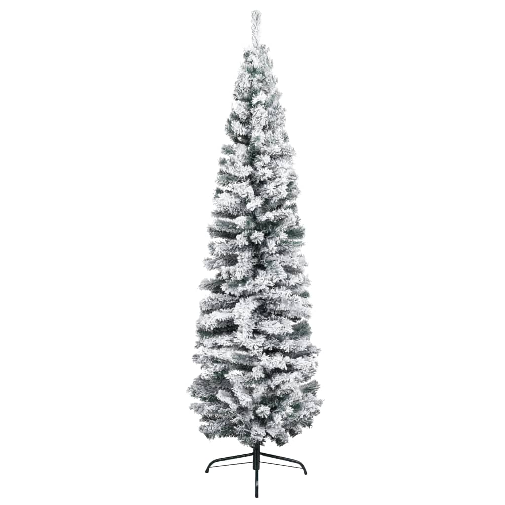 Slim Artificial Christmas Tree with Flocked Snow Green 180 cm PVC - OLBRIT