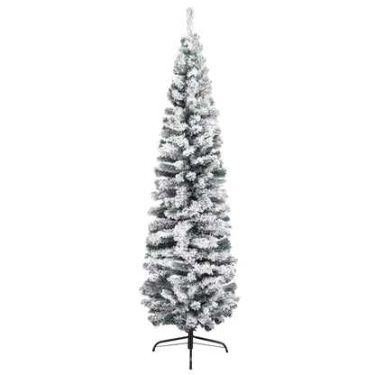Slim Artificial Christmas Tree with Flocked Snow Green 180 cm PVC - OLBRIT