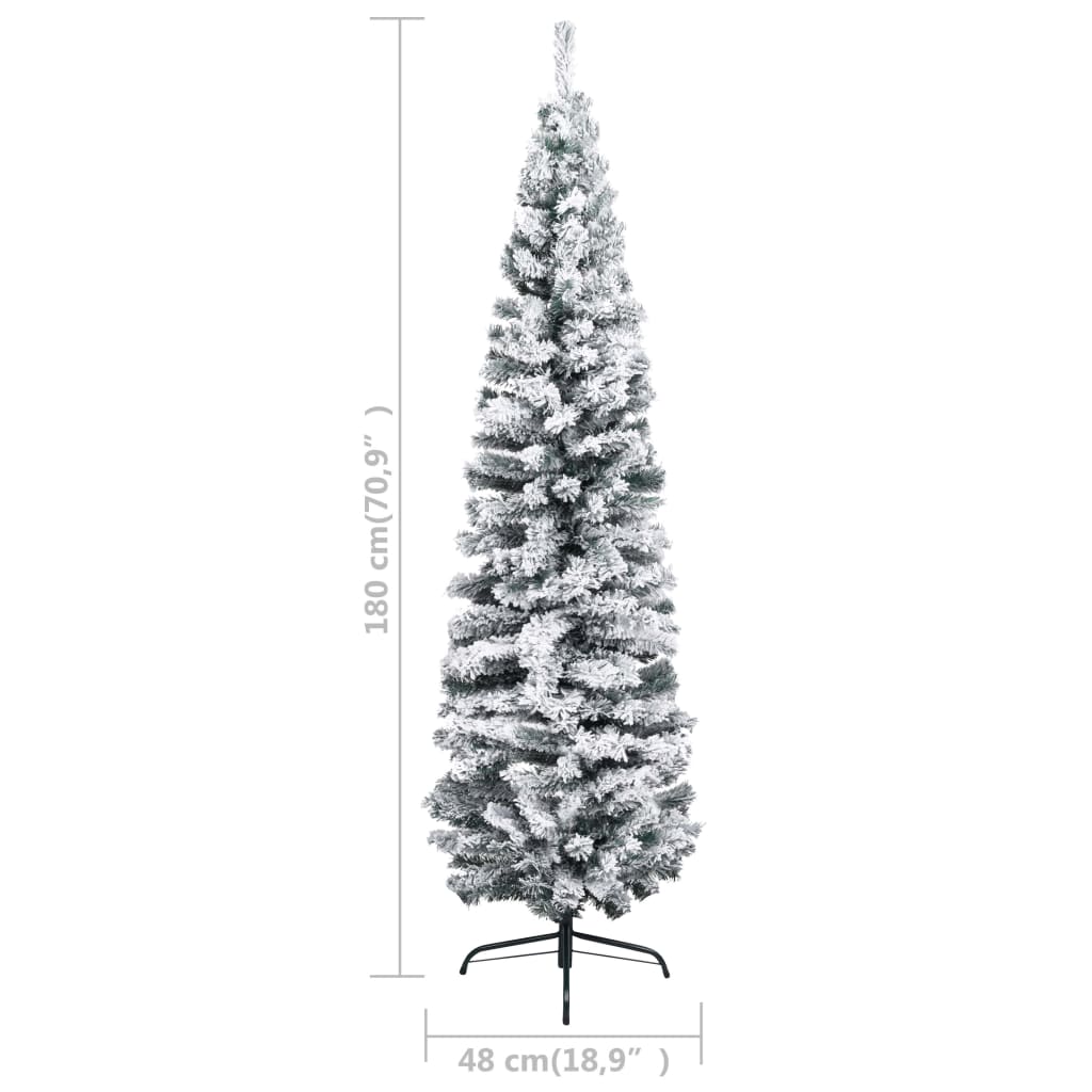 Slim Artificial Christmas Tree with Flocked Snow Green 180 cm PVC - OLBRIT