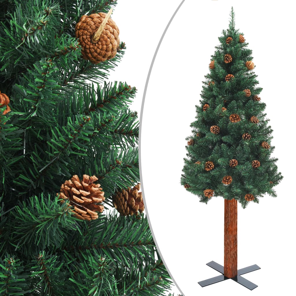 Slim Christmas Tree with Real Wood and Cones Green 210 cm PVC - OLBRIT