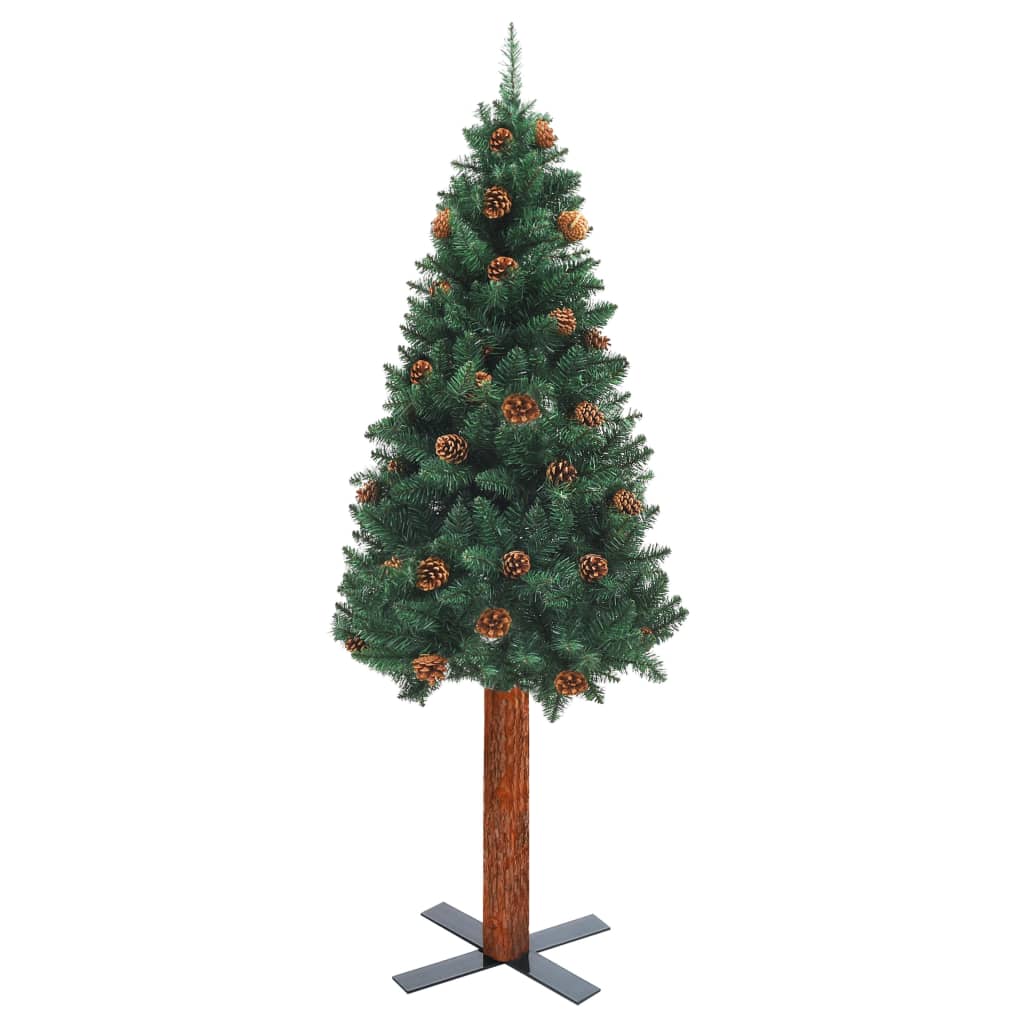 Slim Christmas Tree with Real Wood and Cones Green 210 cm PVC - OLBRIT
