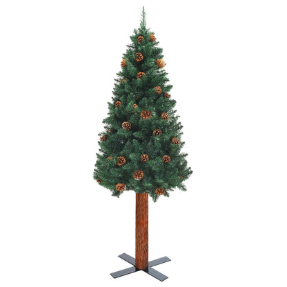 Slim Christmas Tree with Real Wood and Cones Green 210 cm PVC - OLBRIT