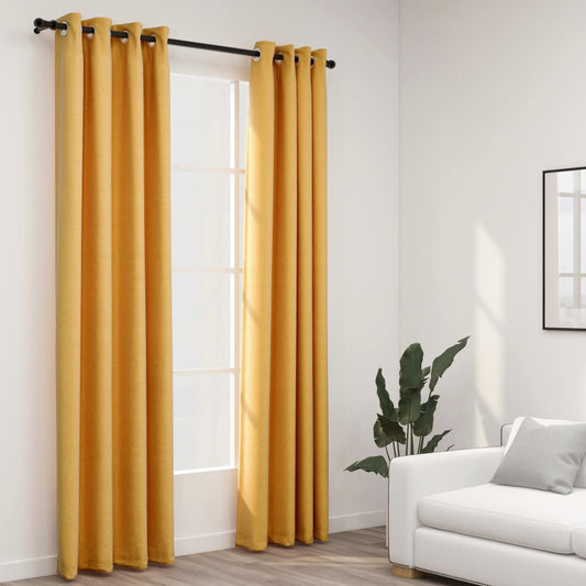 Linen-Look Blackout Curtains with Grommets 2pcs Yellow 140x225cm - OLBRIT