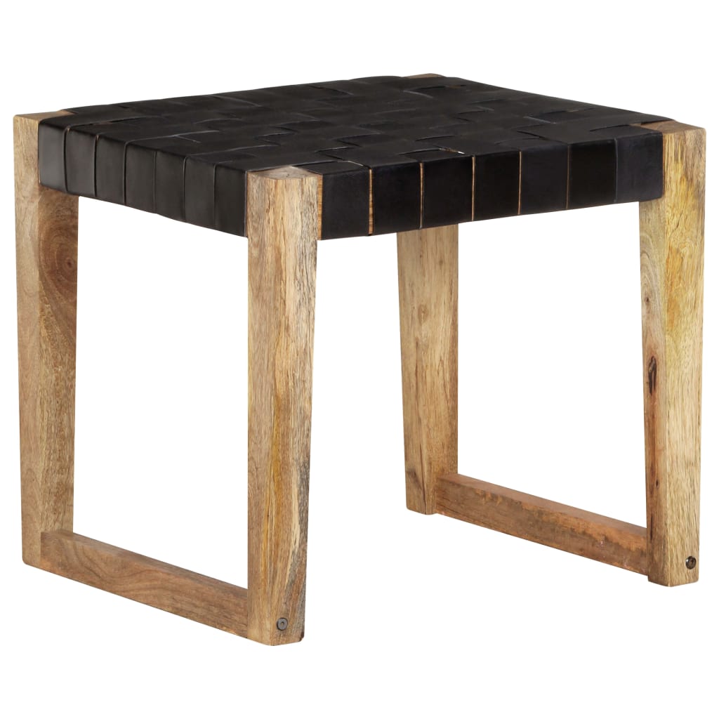 Stool Black Real Leather and Solid Mango Wood - OLBRIT
