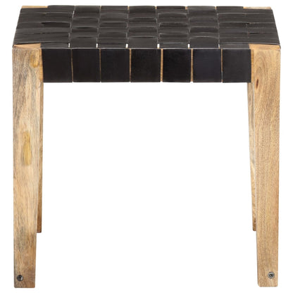 Stool Black Real Leather and Solid Mango Wood - OLBRIT