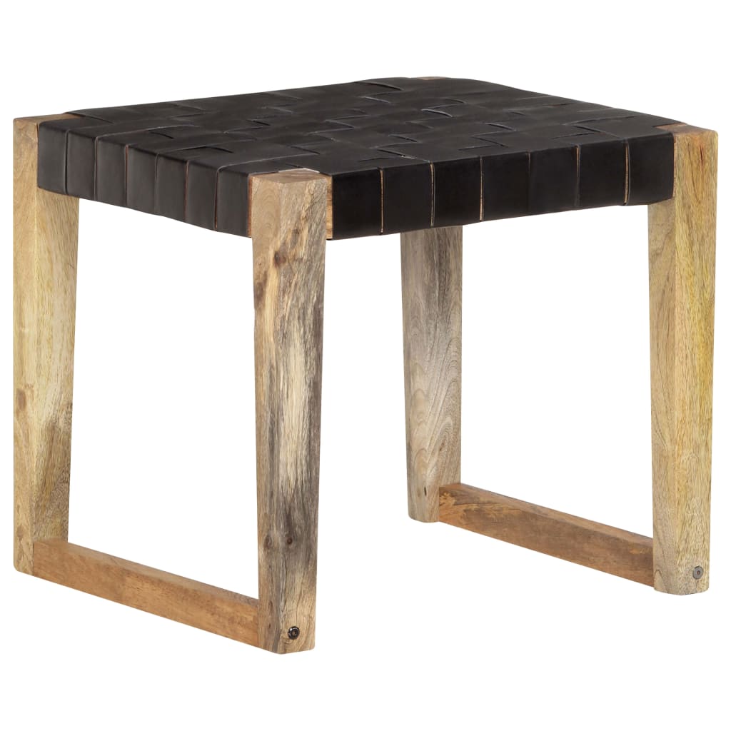 Stool Black Real Leather and Solid Mango Wood - OLBRIT