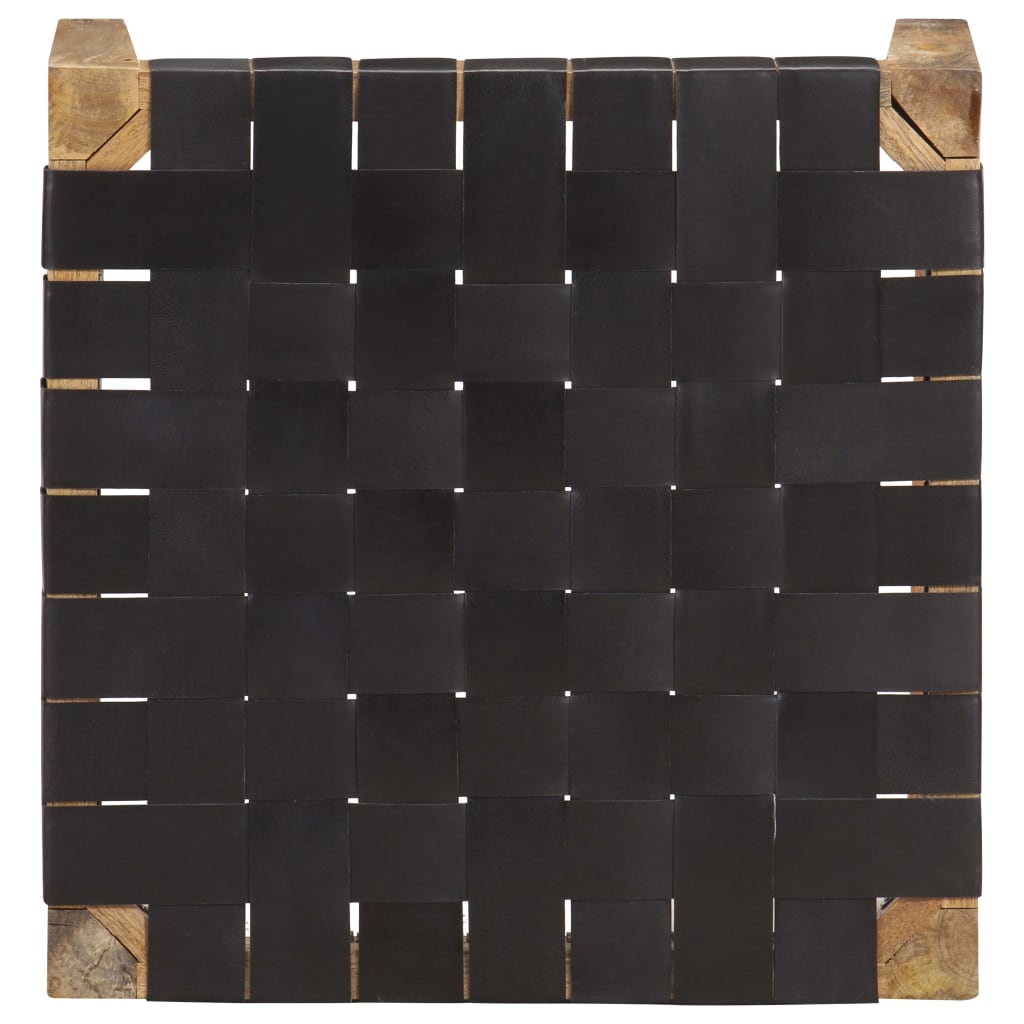 Stool Black Real Leather and Solid Mango Wood - OLBRIT