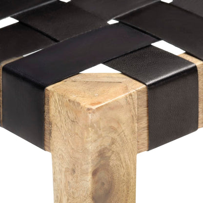 Stool Black Real Leather and Solid Mango Wood - OLBRIT