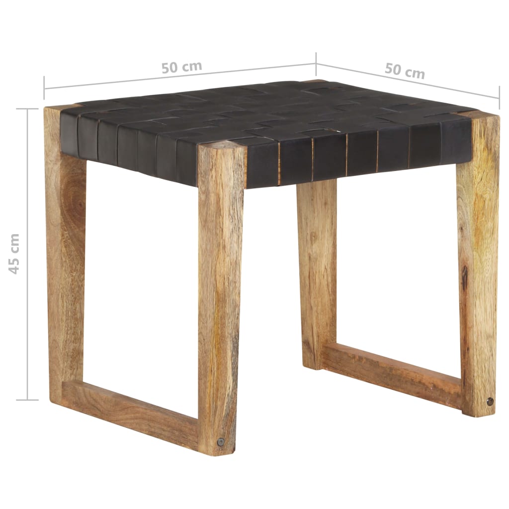 Stool Black Real Leather and Solid Mango Wood - OLBRIT