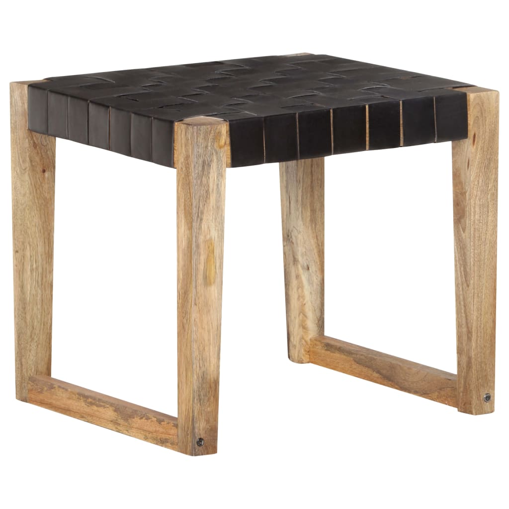 Stool Black Real Leather and Solid Mango Wood - OLBRIT