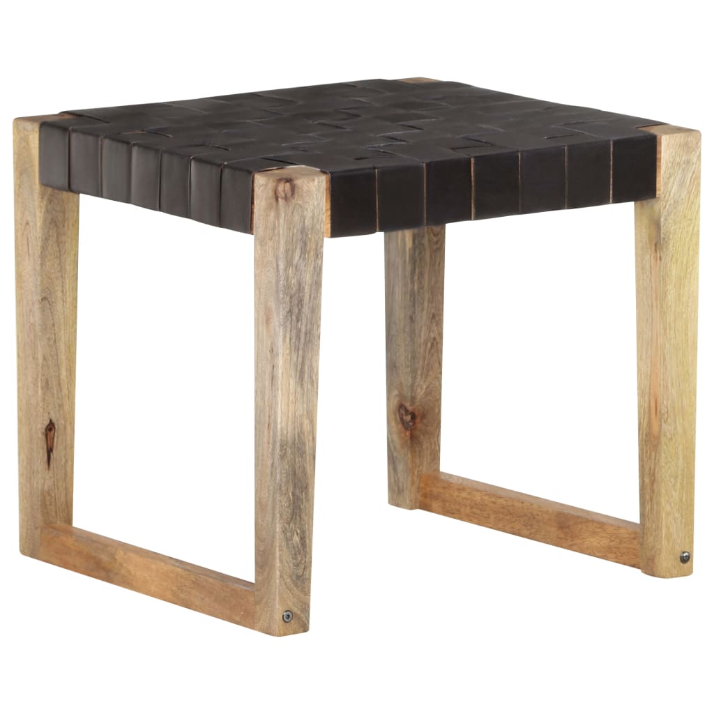 Stool Black Real Leather and Solid Mango Wood - OLBRIT