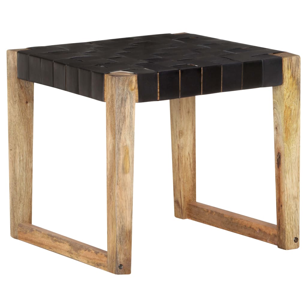 Stool Black Real Leather and Solid Mango Wood - OLBRIT