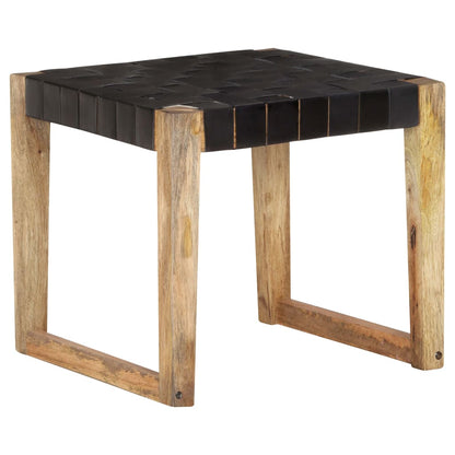Stool Black Real Leather and Solid Mango Wood - OLBRIT