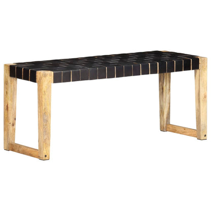 Bench 110 cm Black Real Leather and Solid Mango Wood - OLBRIT