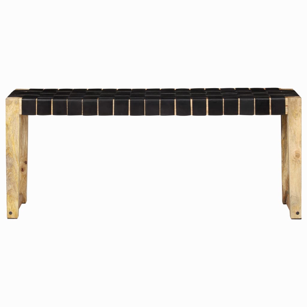 Bench 110 cm Black Real Leather and Solid Mango Wood - OLBRIT