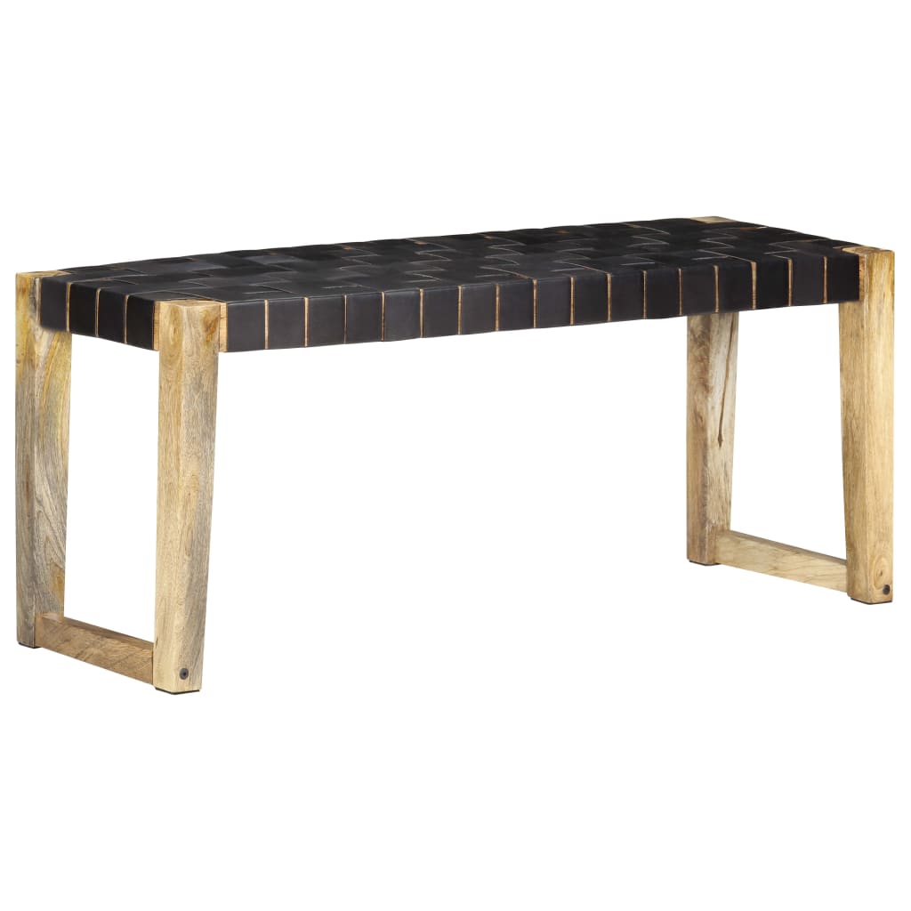 Bench 110 cm Black Real Leather and Solid Mango Wood - OLBRIT