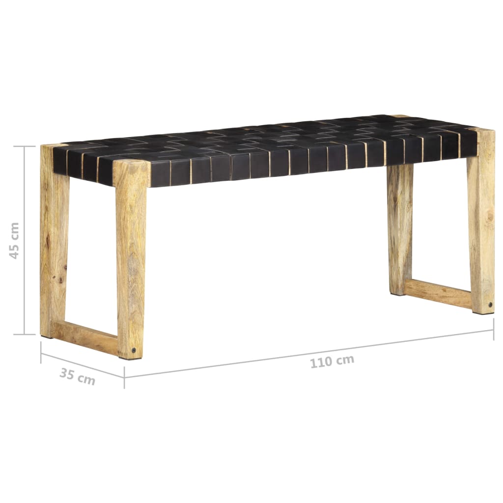 Bench 110 cm Black Real Leather and Solid Mango Wood - OLBRIT