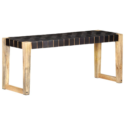 Bench 110 cm Black Real Leather and Solid Mango Wood - OLBRIT