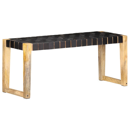 Bench 110 cm Black Real Leather and Solid Mango Wood - OLBRIT