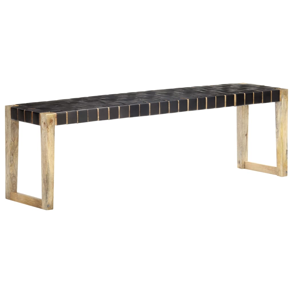 Bench 150 cm Black Real Leather and Solid Mango Wood - OLBRIT