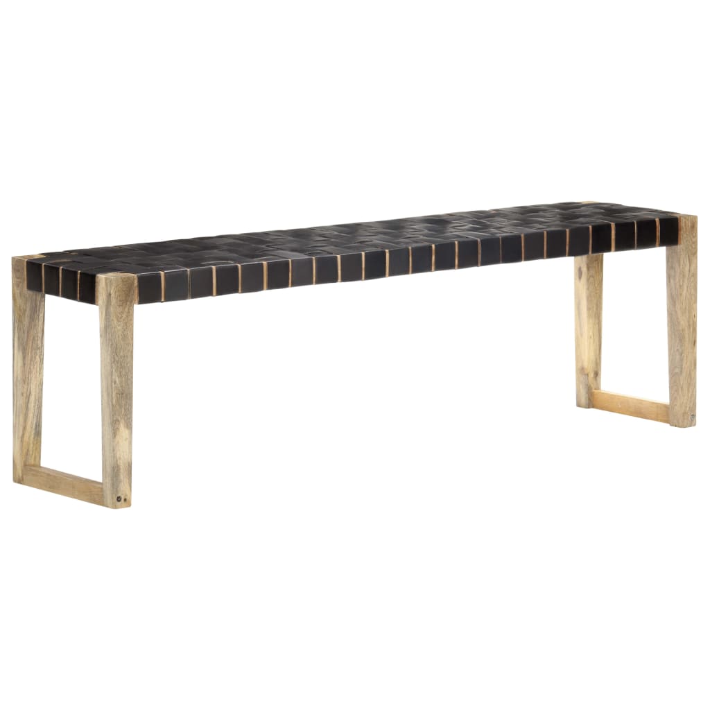 Bench 150 cm Black Real Leather and Solid Mango Wood - OLBRIT