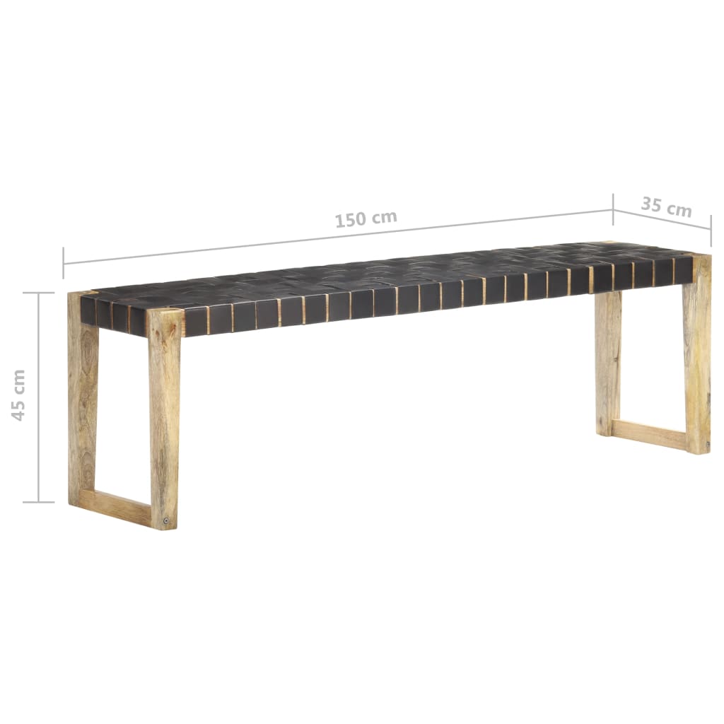 Bench 150 cm Black Real Leather and Solid Mango Wood - OLBRIT