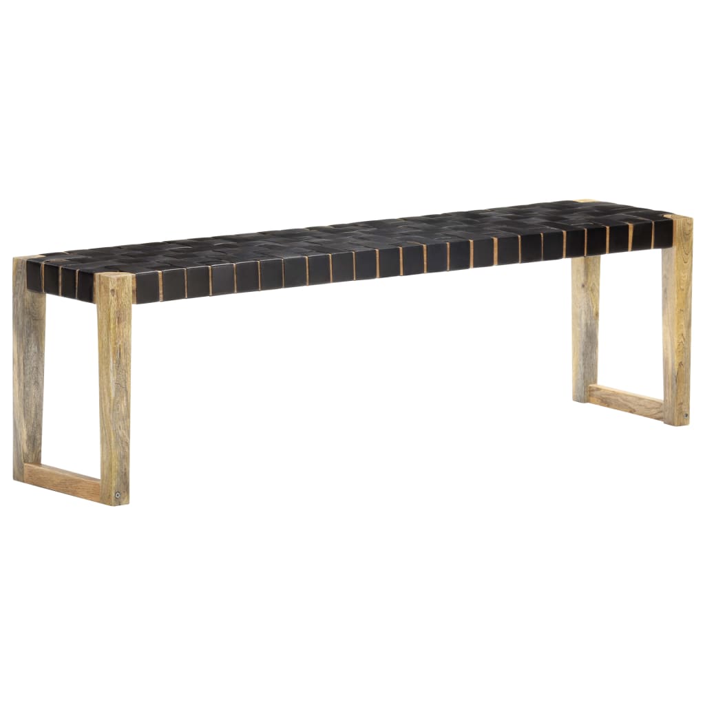 Bench 150 cm Black Real Leather and Solid Mango Wood - OLBRIT