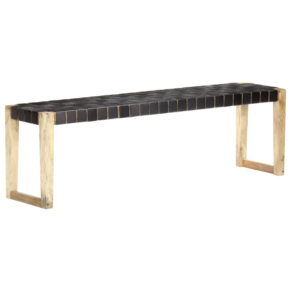 Bench 150 cm Black Real Leather and Solid Mango Wood - OLBRIT