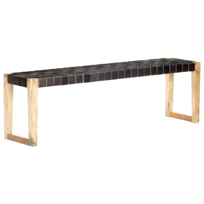 Bench 150 cm Black Real Leather and Solid Mango Wood - OLBRIT