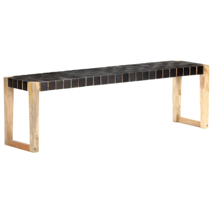 Bench 150 cm Black Real Leather and Solid Mango Wood - OLBRIT