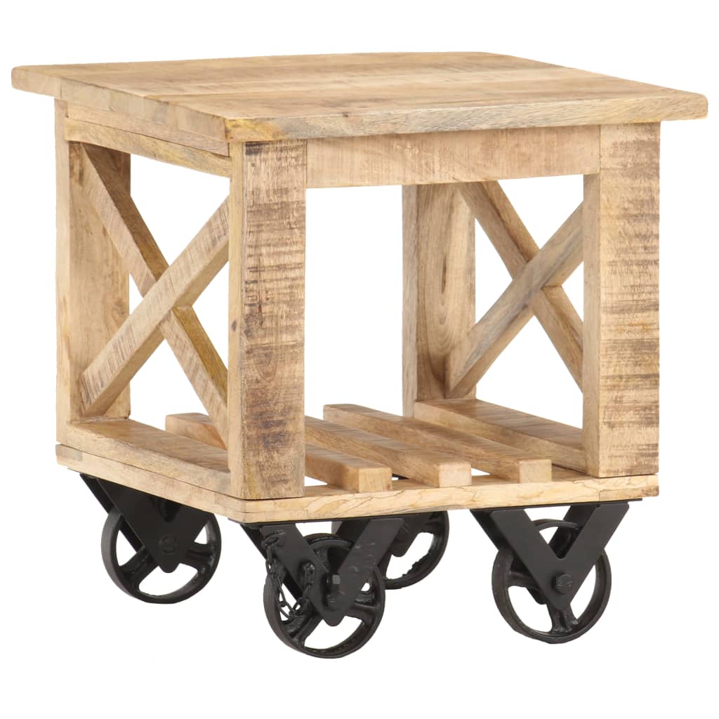 Side Table with Wheels 40x40x42 cm Rough Mango Wood - OLBRIT